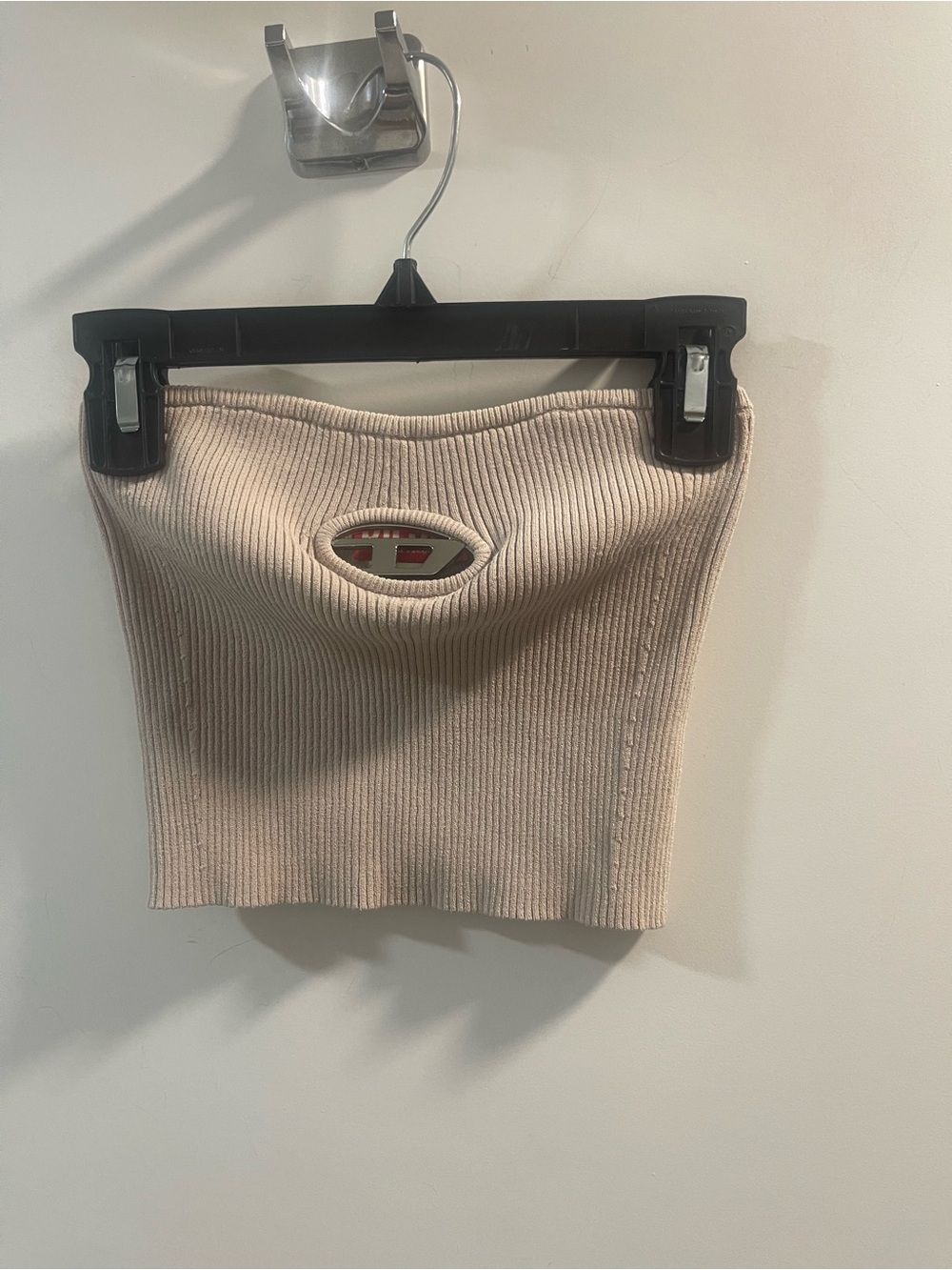 Diesel Cream Ribbed Knit Mini Skirt with Front Keyhole